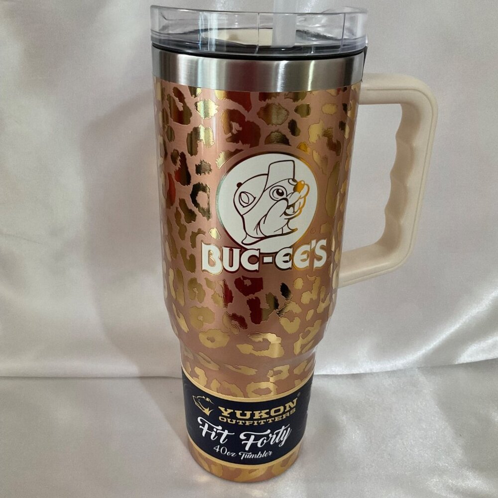 Buc-Ees 40 Oz Yukon Outfitters Leopard Print Tumbler With Straw & Slider Lid